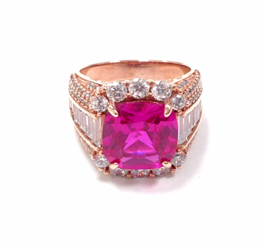 FZN Fuzion Creations Gold Vermeil Sterling Silver Square Pink Stone Ring Sz 6.75