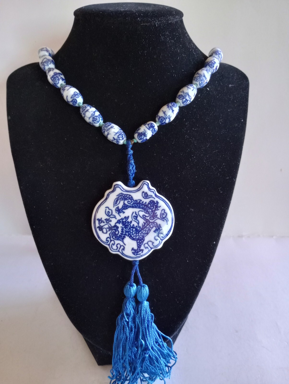 VINTAGE CHINESE PORCELAIN PAINTED FLOWERS DRAGON PENDANT 28 “SILK KNOTTED