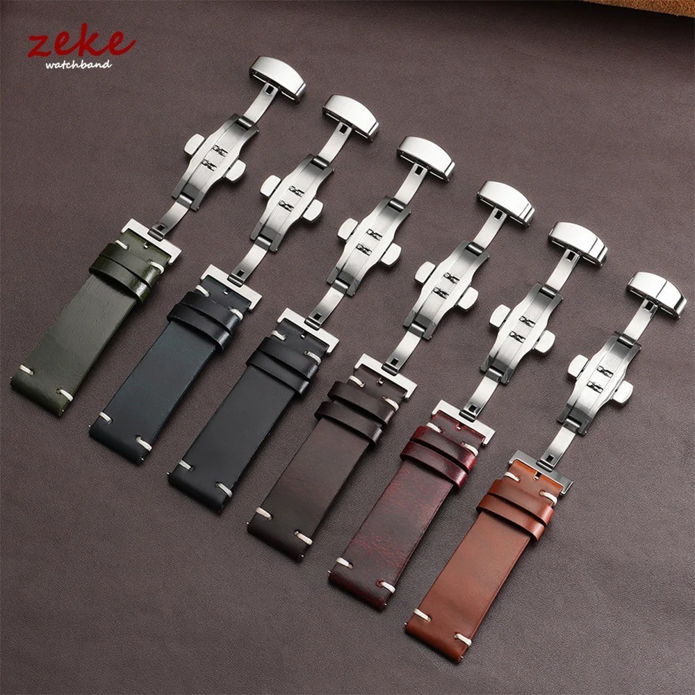 Genuine Leather Butterfly Buckle Watch Bands 18/20/22mm Waterproof Retro Oil Wax