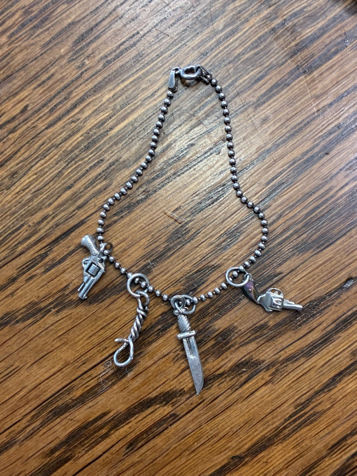 Sterling Silver 925 Italian ball bead link chain bracelet Knife Gun Noose Charms