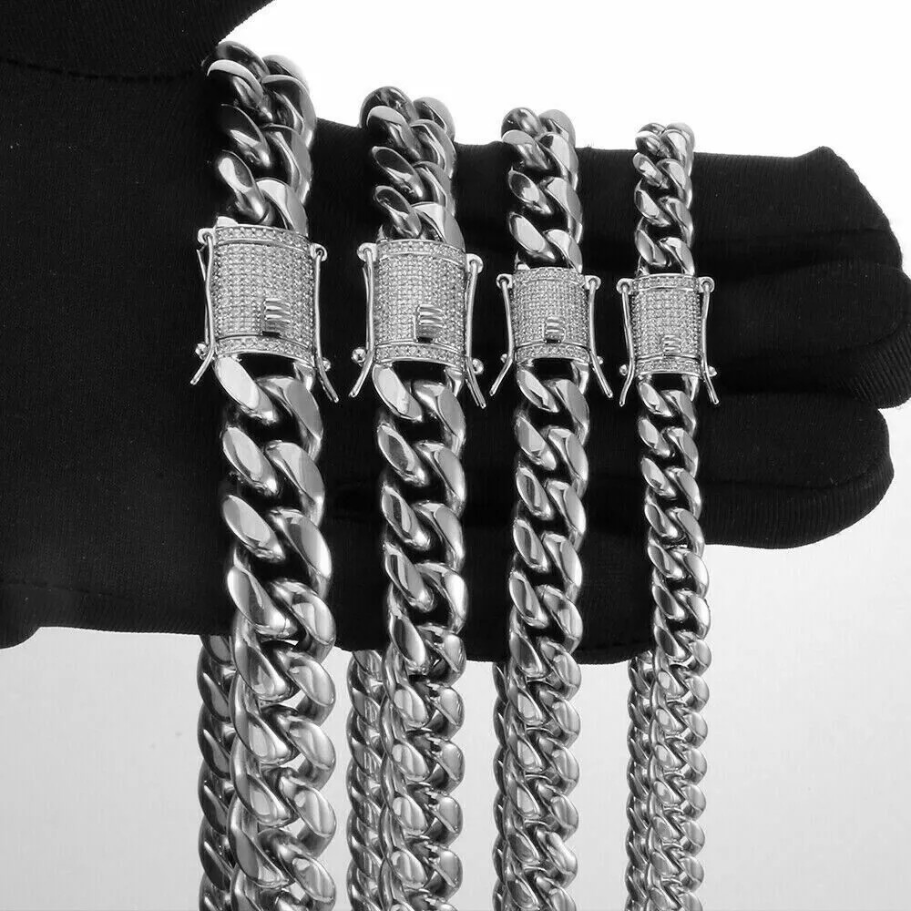 White Gold Plated Stainless Steel Miami Cuban Link Bracelet Chain With CZ Clasp