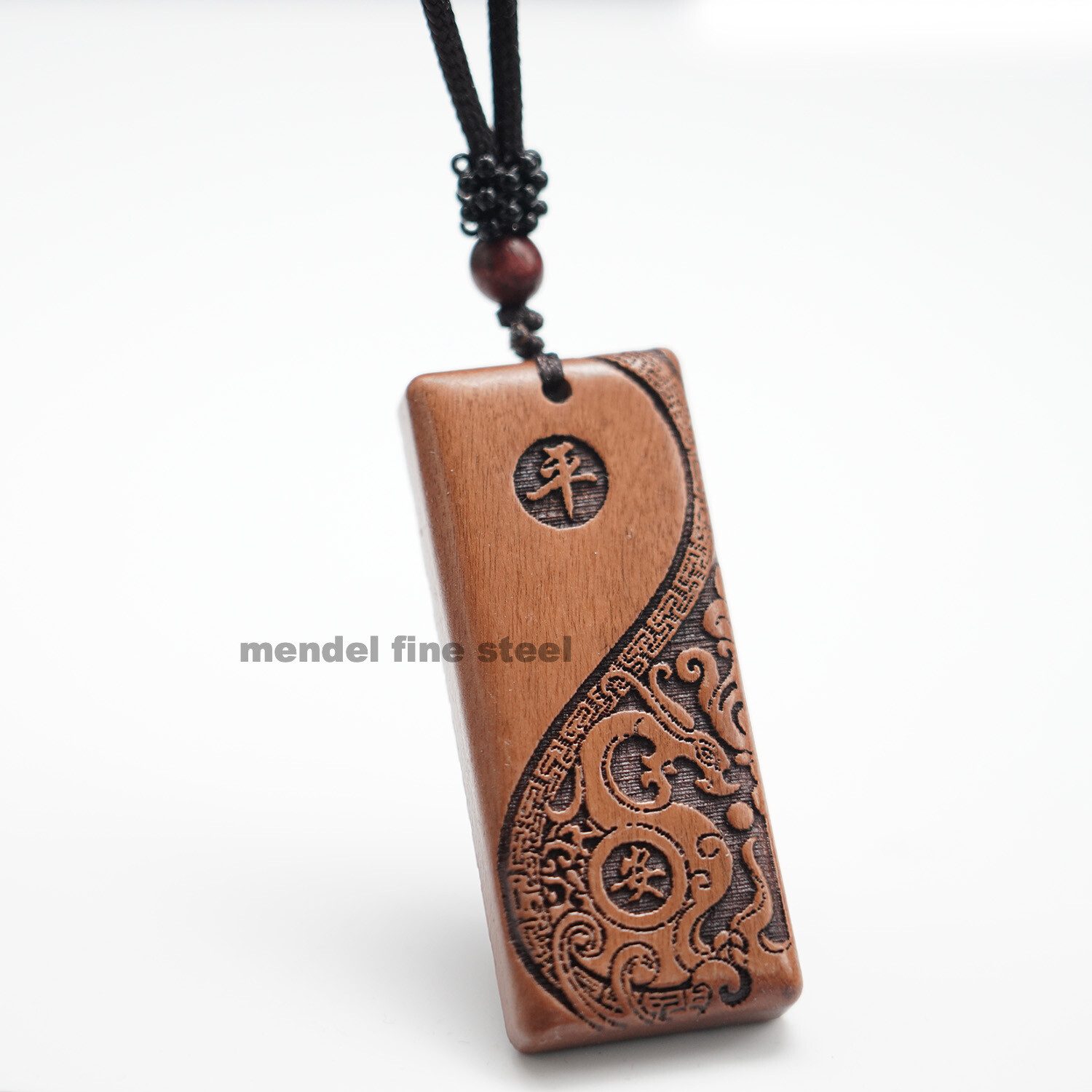 MENDEL Carved Mens Wood Wooden Yin Ying Yang Protection Pendant Necklace Rope