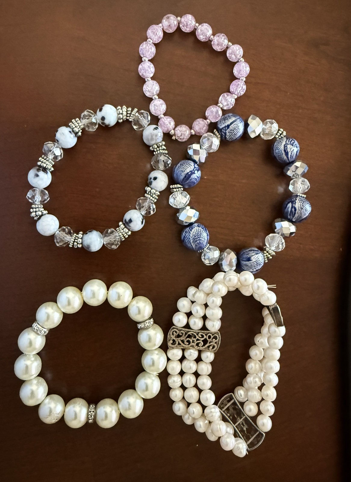 Lot of 5 Colorful Beaded & Faux Pearls Stretch Bracelets
