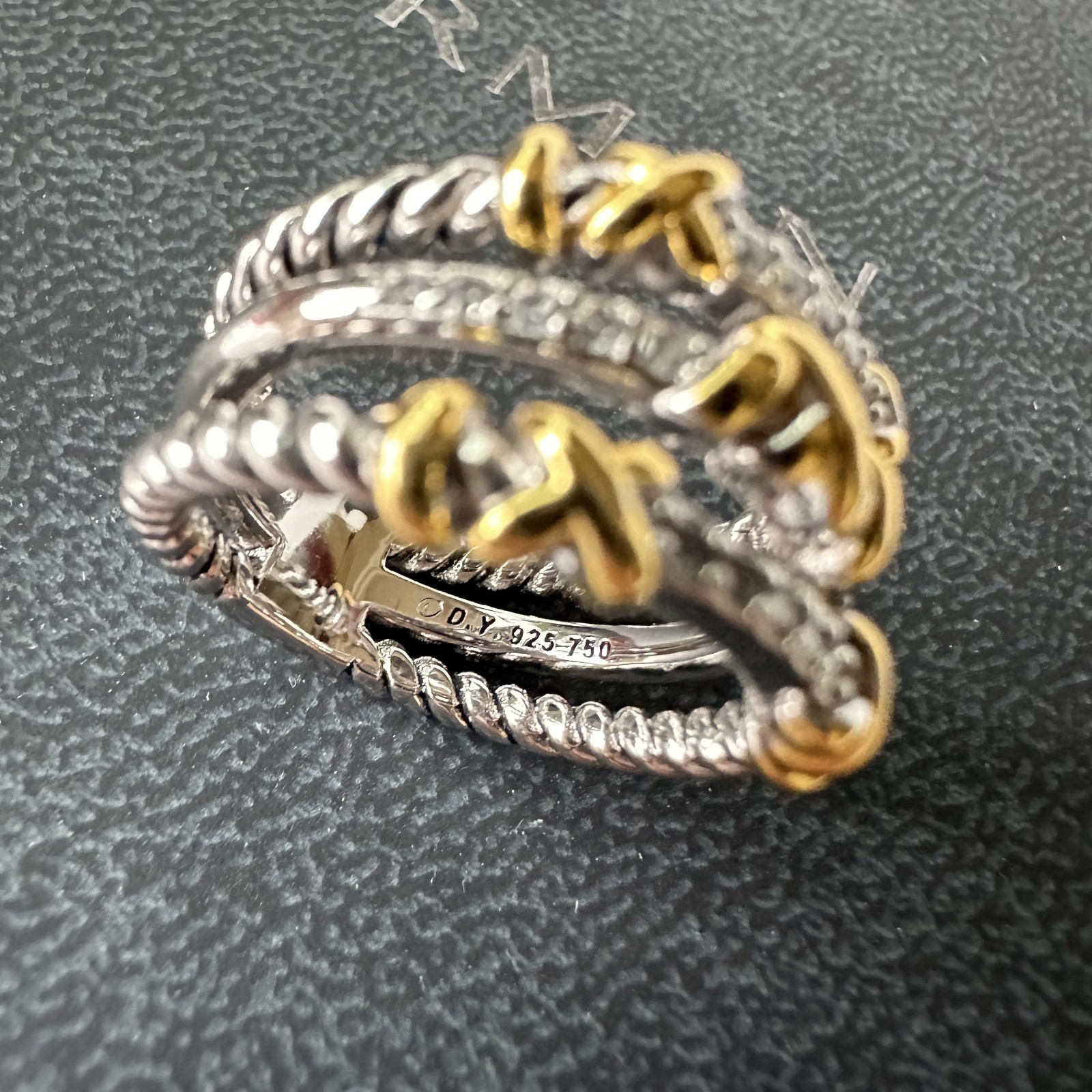 David Yurman Three Row Ring Sterling Silver & 18K Yellow Gold and Diamonds SZ 6