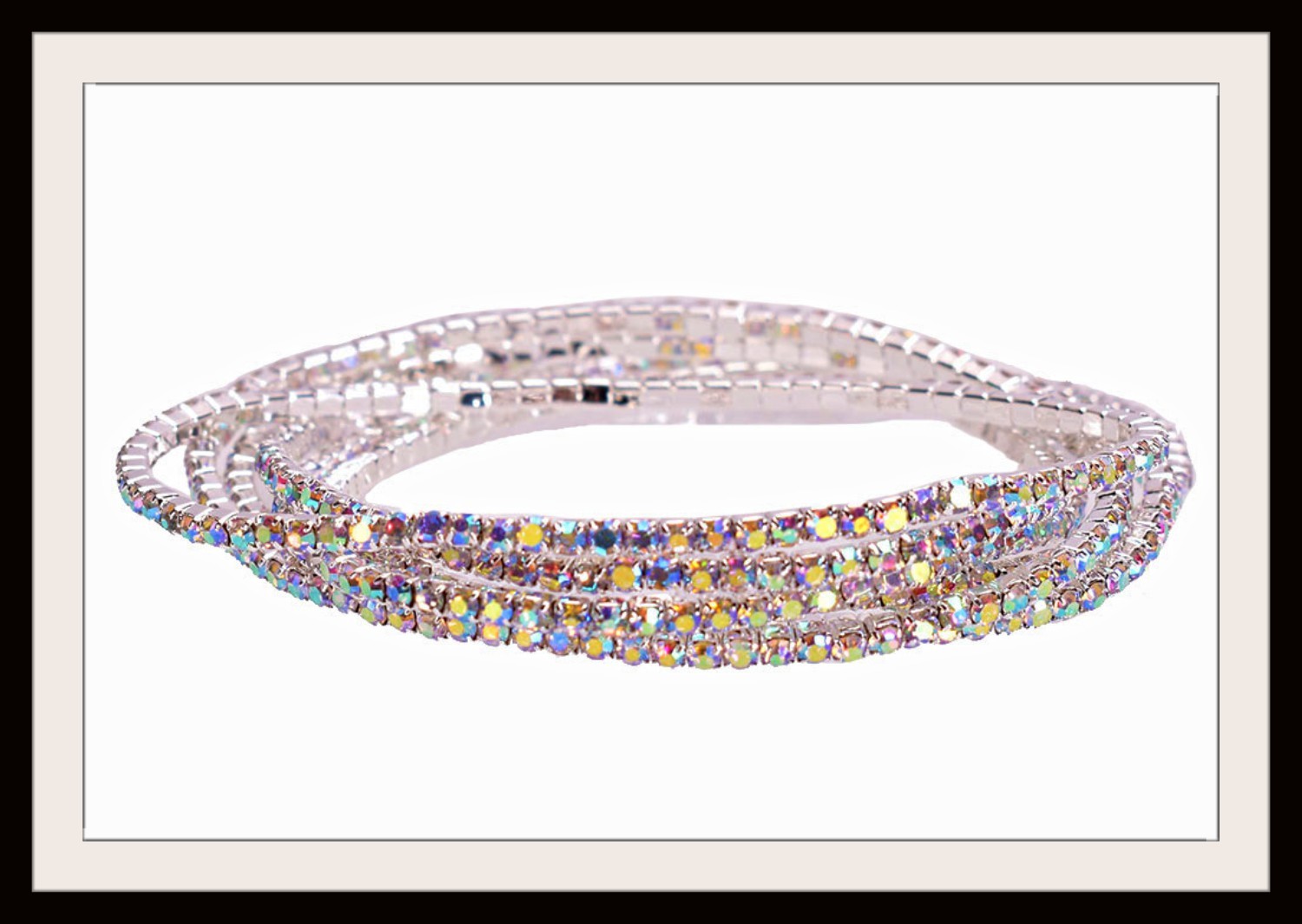 5 AB Crystal Stretch Bracelets Silver Plated Stackable Special Occasion