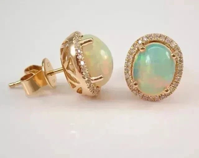Natural Fire Opal 3.00Ct Oval Cut Halo Stud Earrings 14K Yellow Gold Plated