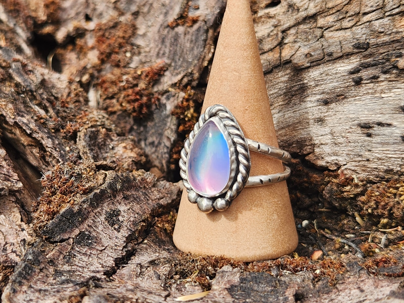 Aurora Opal Handmade Sterling Silver Ring, Statement Jewellery Jewelry Size 8.25