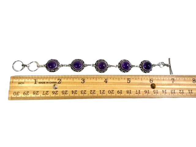 Amethyst Gemstone Bracelet Silver Chain Link Handmade 16.4 grams 7 inch