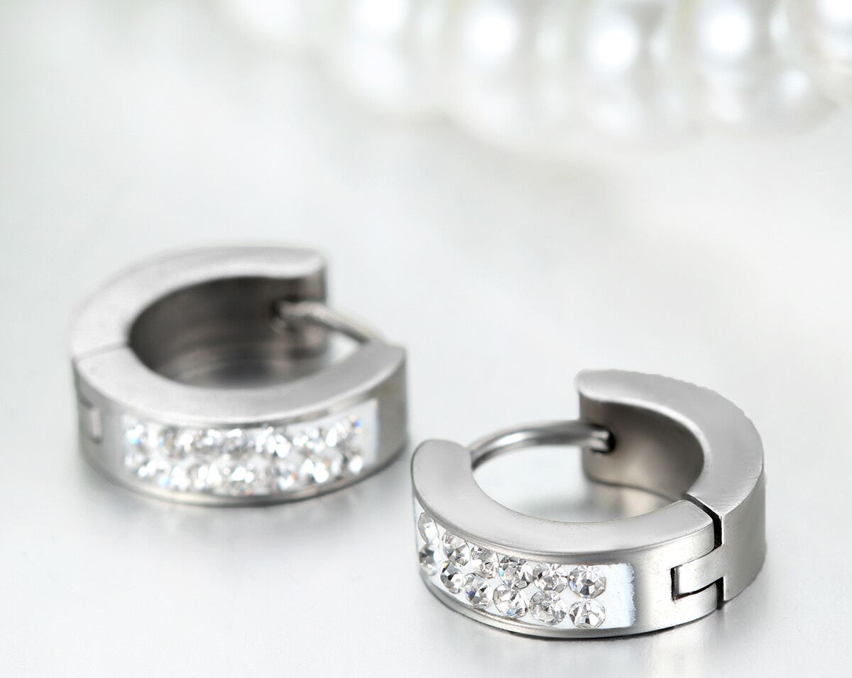 Men’s Women’s Unisex Stainless Steel Rhinestone Charm Hoop Huggie Earrings 2PCS
