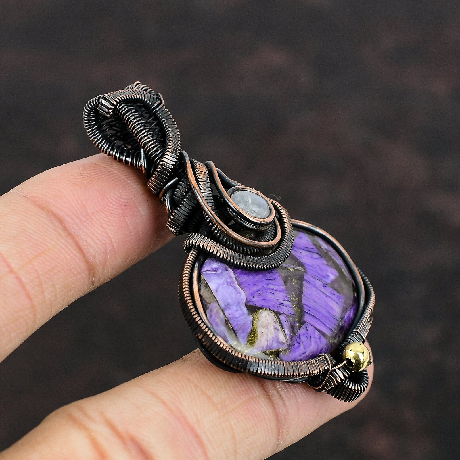 Women Day Gift Russian Charoite Wire Wrapped Pendant Copper For Women 2.36″