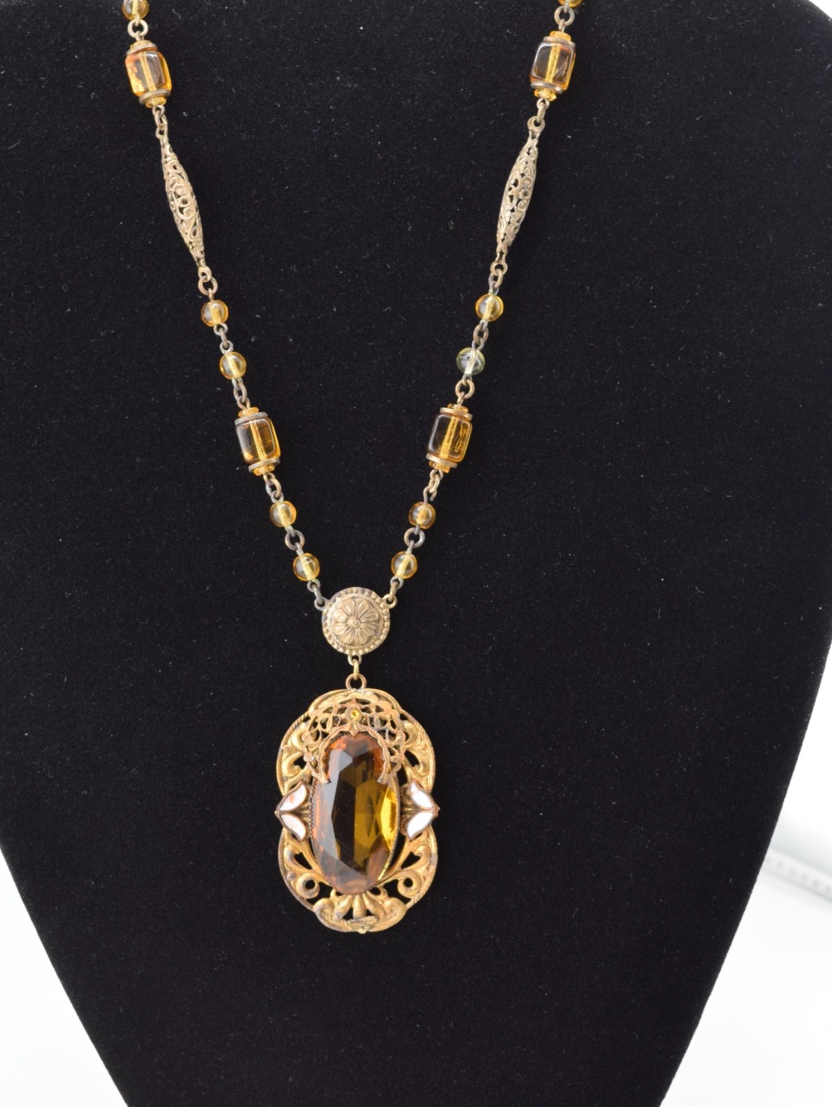 Antique Czech Necklace / Choker with Amber Colored Glass and White Enamel Accent