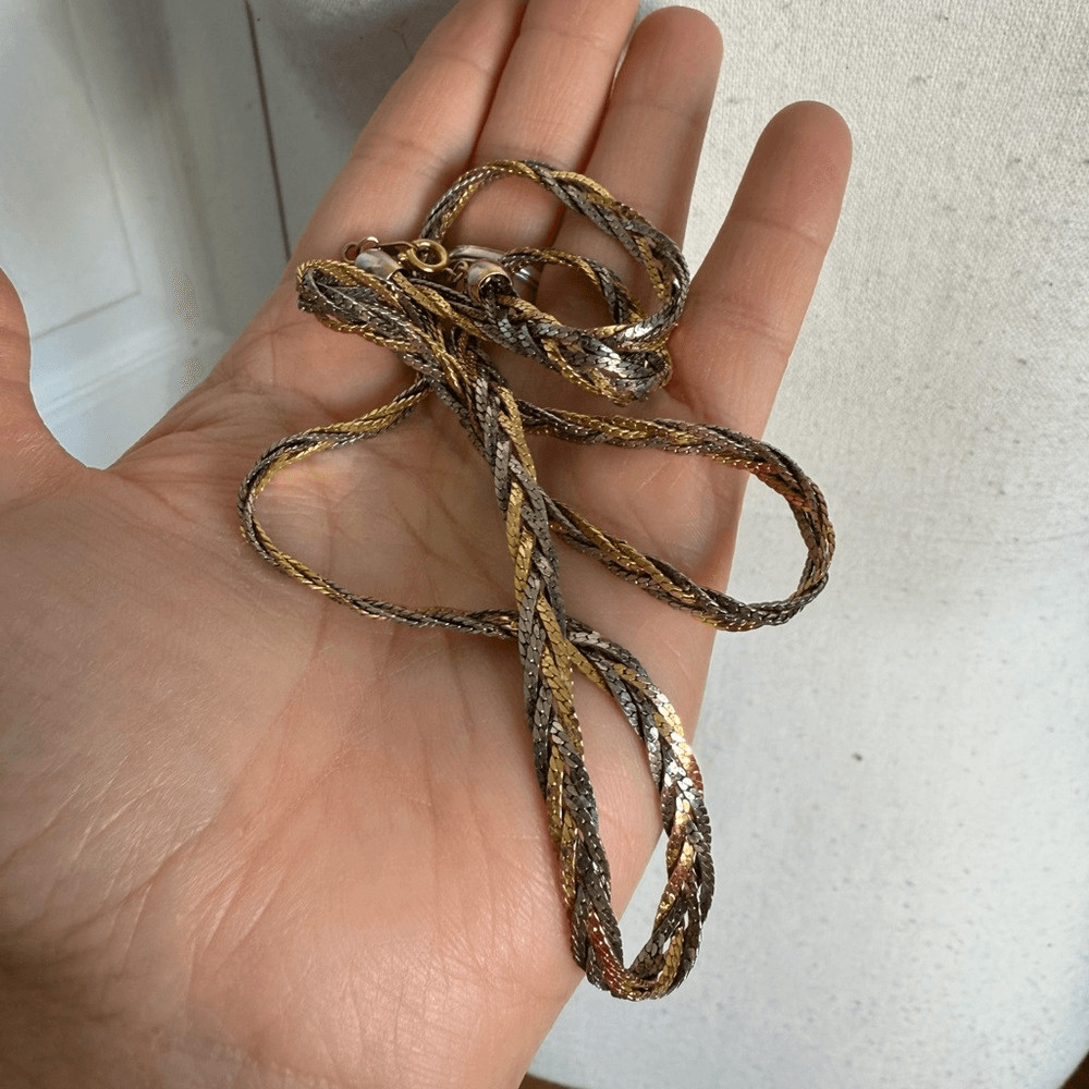 Vintage Tri-Colored Braided Herring Bone Chain Necklace