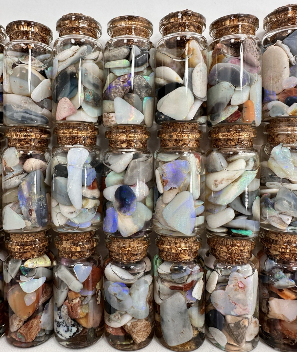 40 ct Premium Australian Coober Pedy Rough/Rubs Opals in Glass Bottles