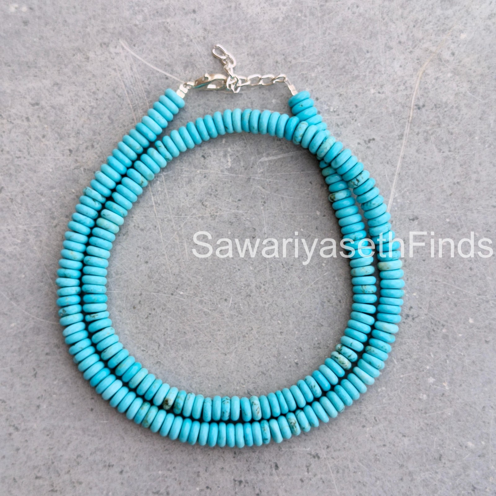 Handmade Turquoise Rondelle Beaded Necklace, 6MM Blue Gemstone, Sterling Silver