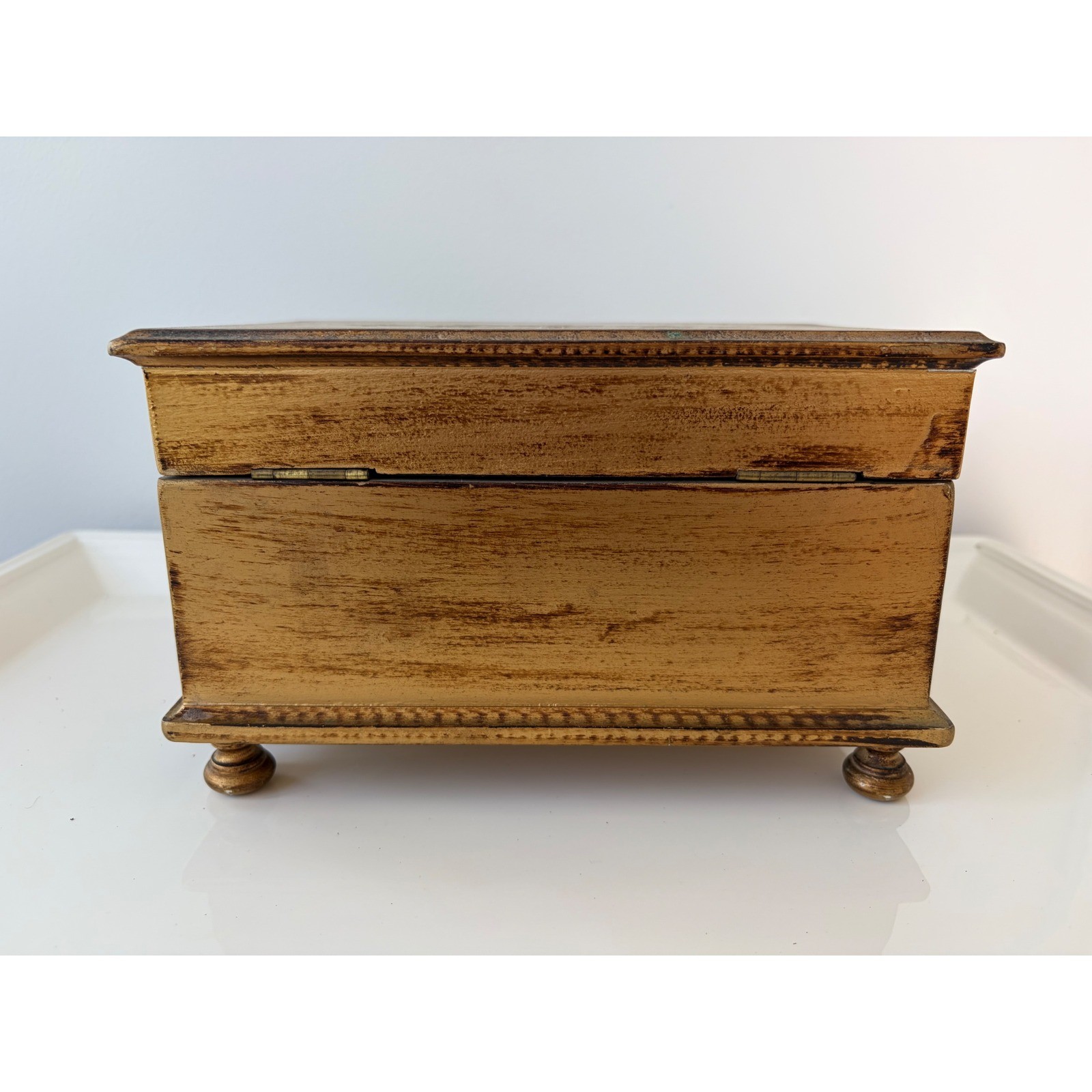 Vintage Florentine Wooden Jewelry Box Gold Gilt Red Velvet Mirror Distressed