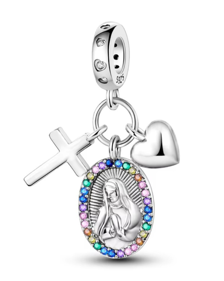 Sterling Silver 925 Signed Religious Dangle Charm Cross Heart