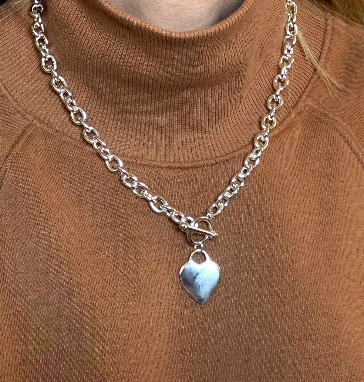 Heart Tag Pendant Toggle Thick Chain Necklace Silver