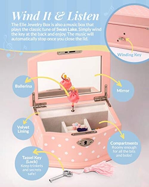 Elle Jewelry Box – Ballerina Jewelry Organizer and Swan Lake Wind-Up Music Pink