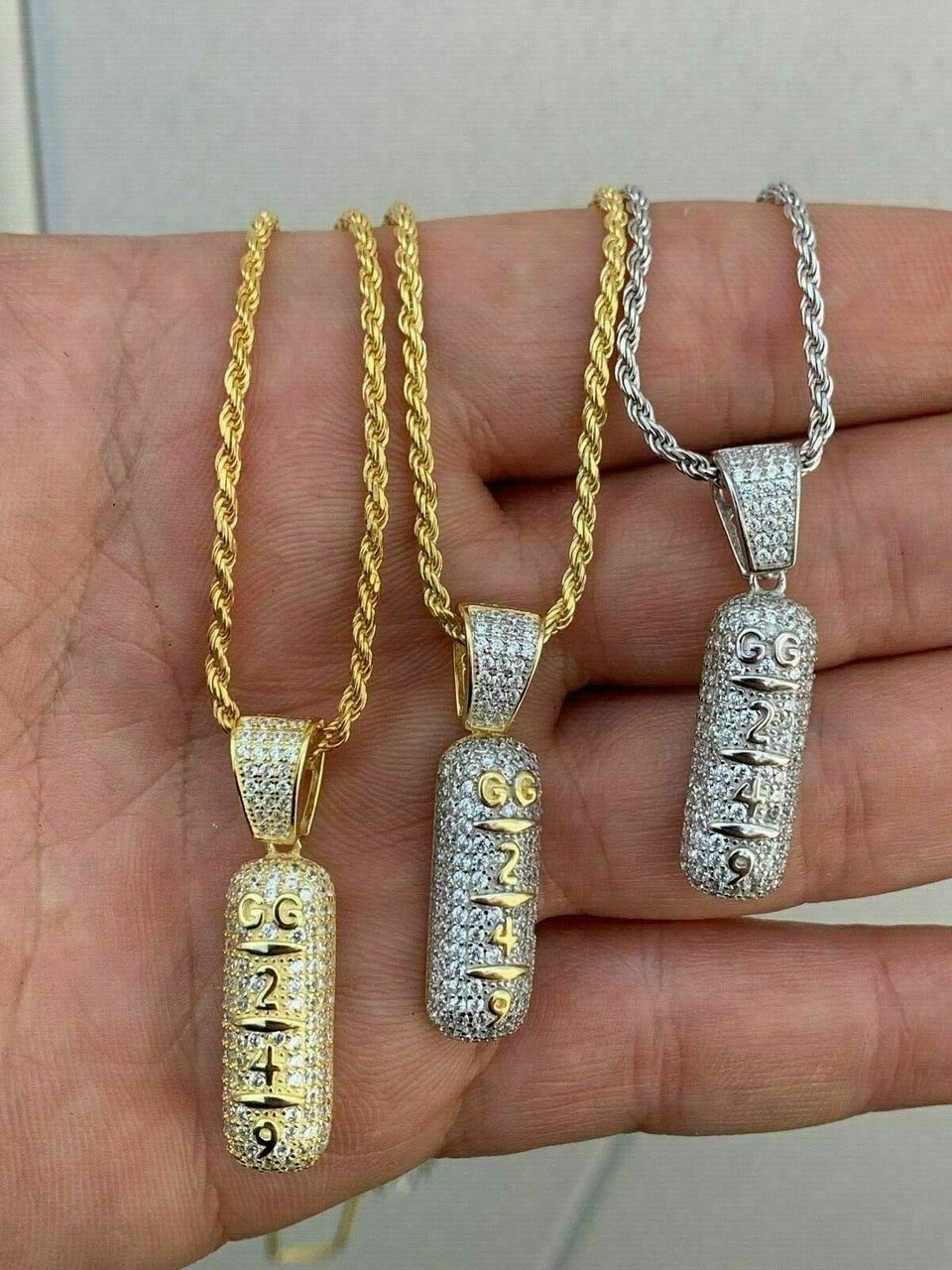 Solid 925 Silver 14k Gold Plated XANAX Pill Bar Pendant Necklace CZ Xan GG 249