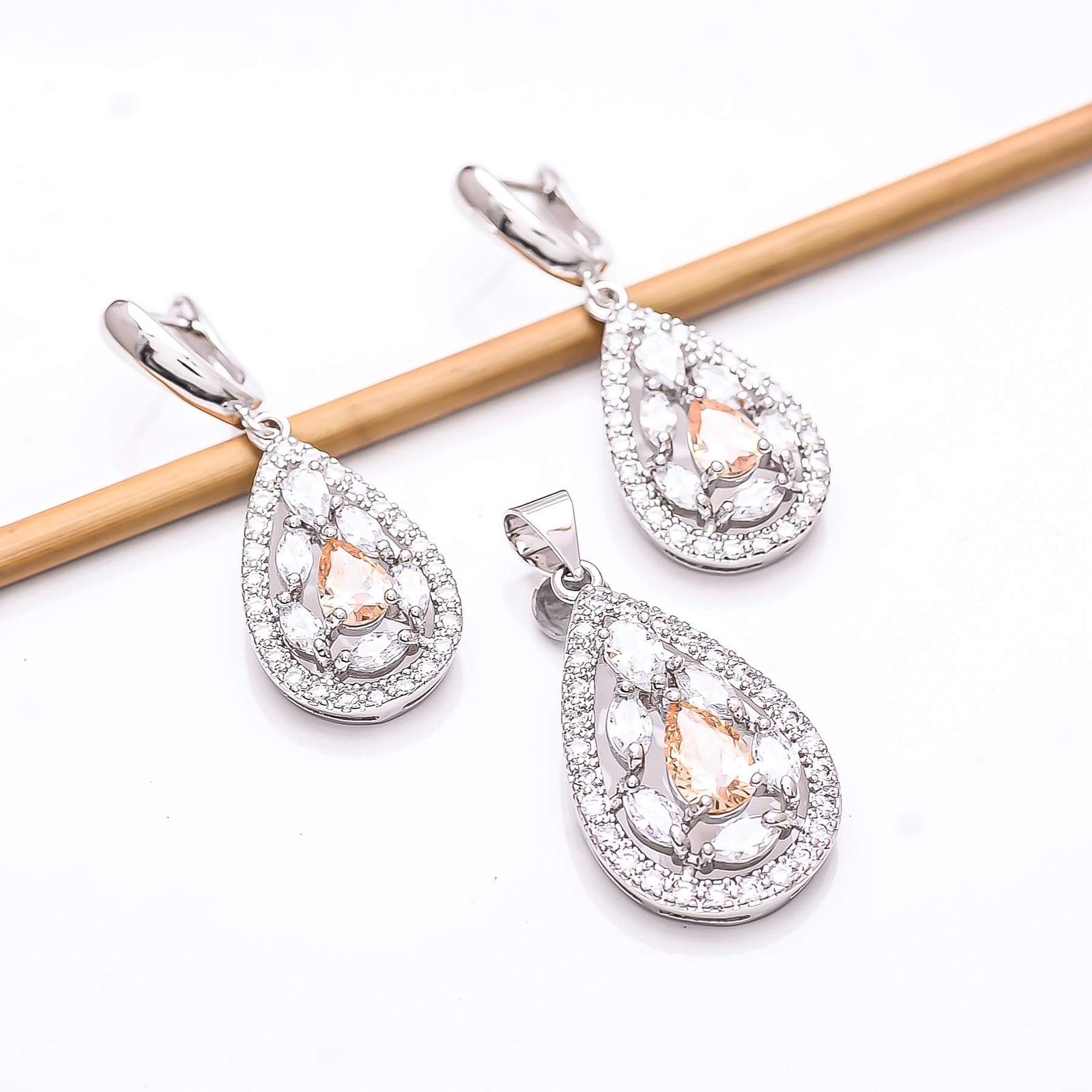 Morganite & Cubic Zirconia Gemstone 925 Silver Pendant Earring Set PS81717