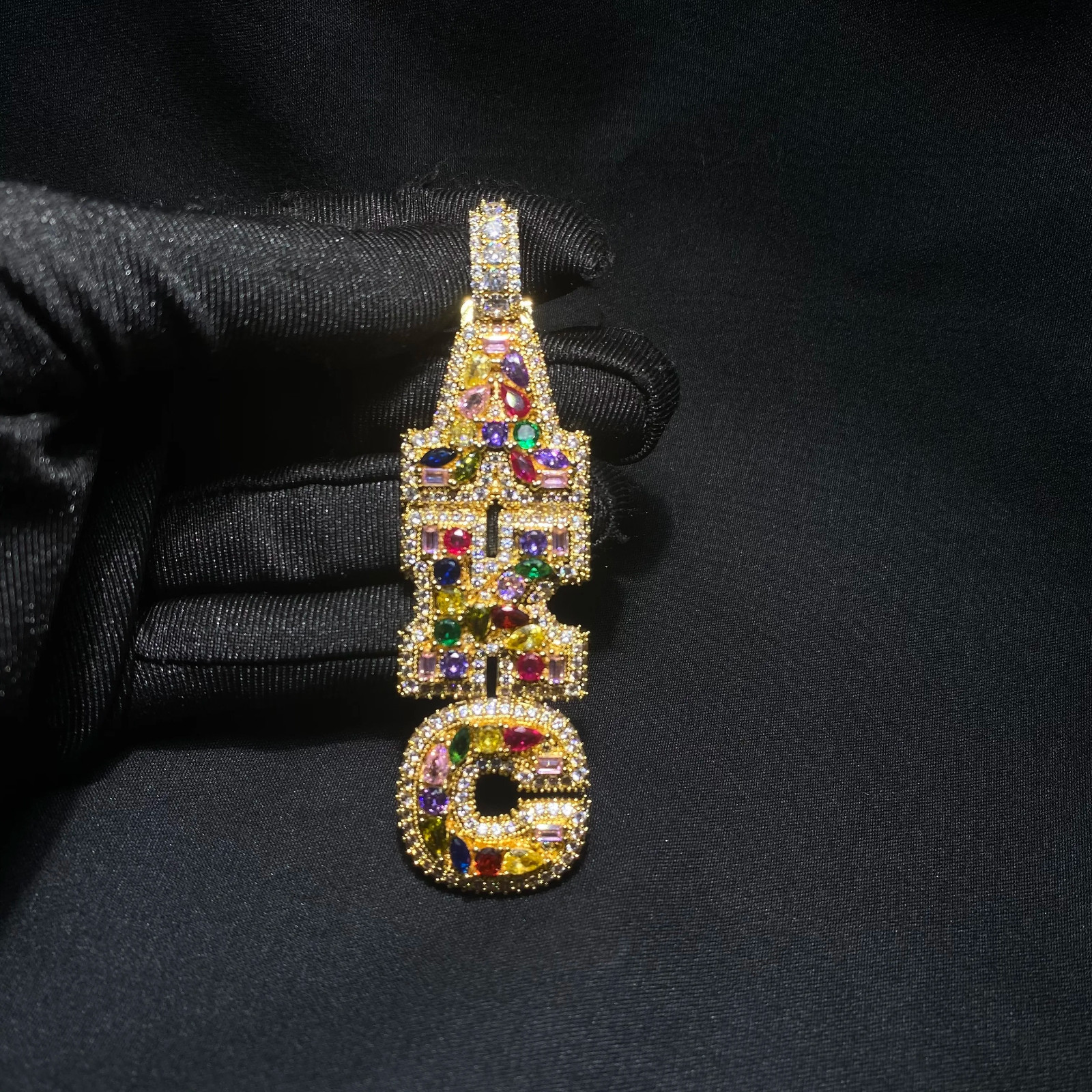 5AAA+ CZ Multicolor Ice Out Hop Hip Bling Vertical Mixed Inlay Letter Pendant