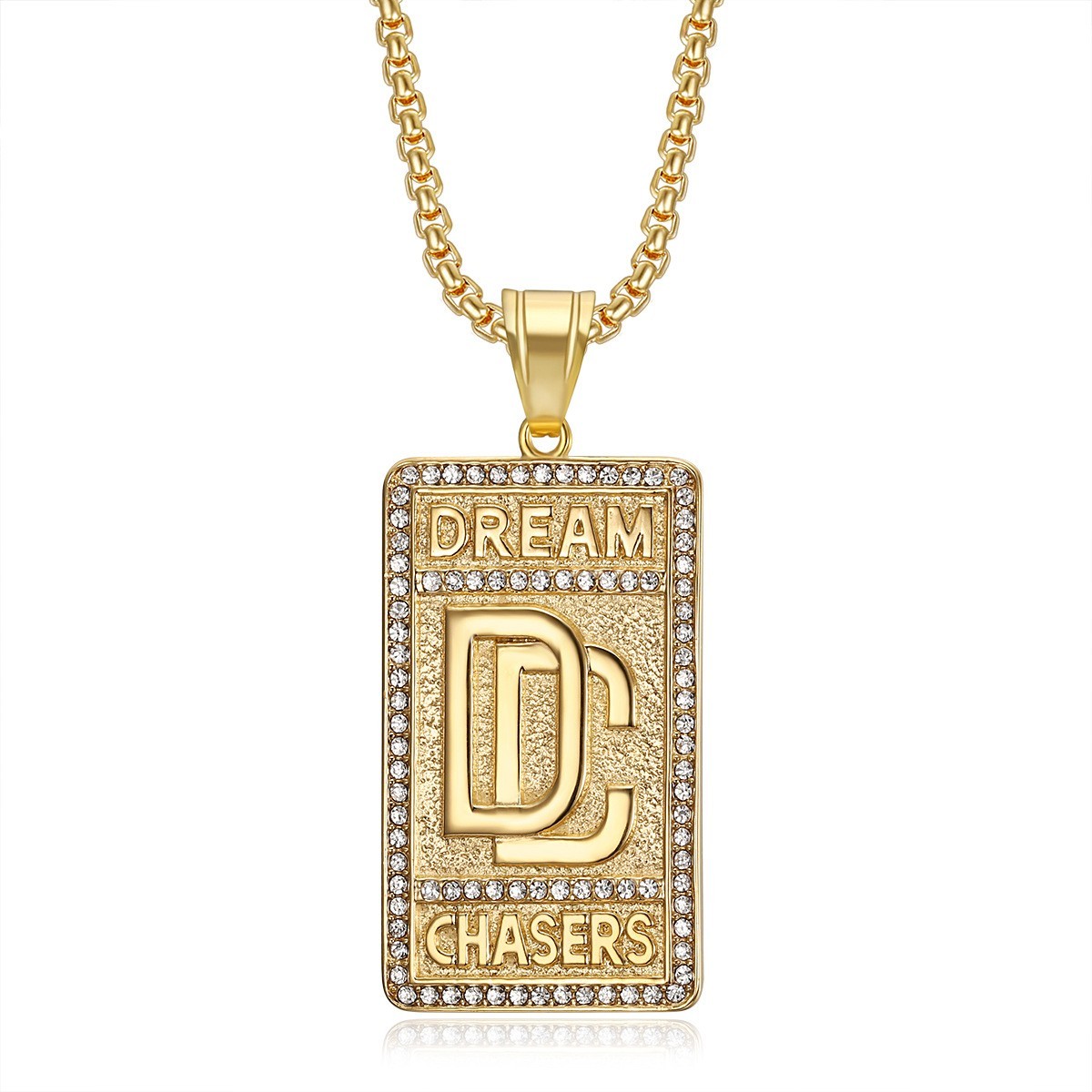 Hip Hop Iced CZ Bling Dream Chasers Pendant Necklace Gold Plated Chain Jewelry