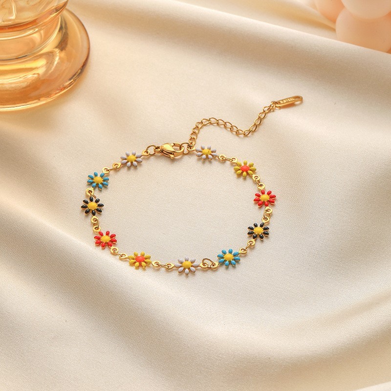 18K Gold Plated Stainless Steel Enamel Daisy Flower Chain Women Girl Bracelet AC
