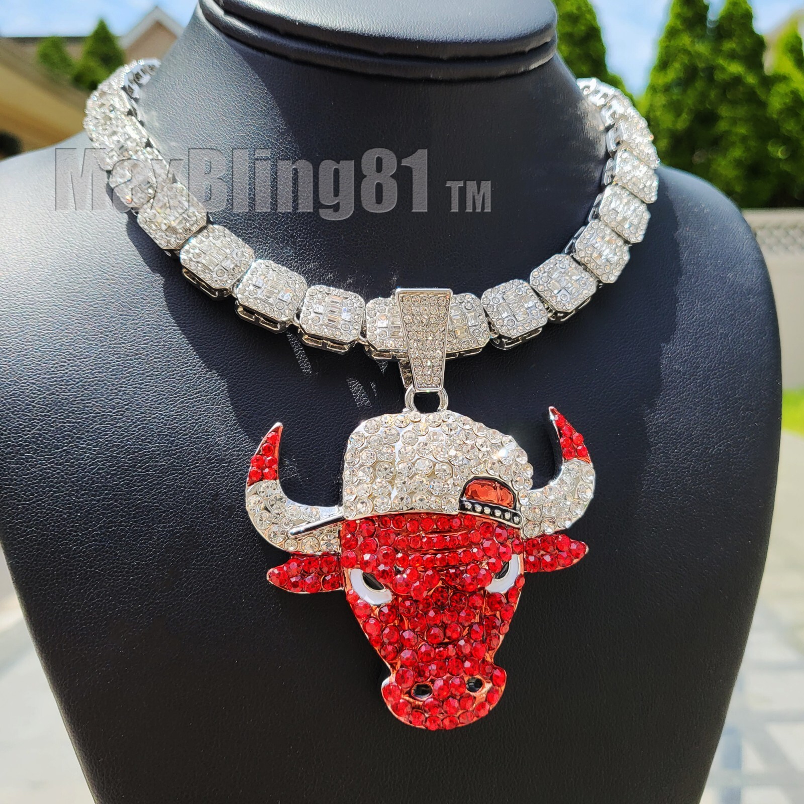 Silver Plated Alloy Bull Pendant 16″ 18″ 20″ Iced Cubic Zirconia Chain Necklace