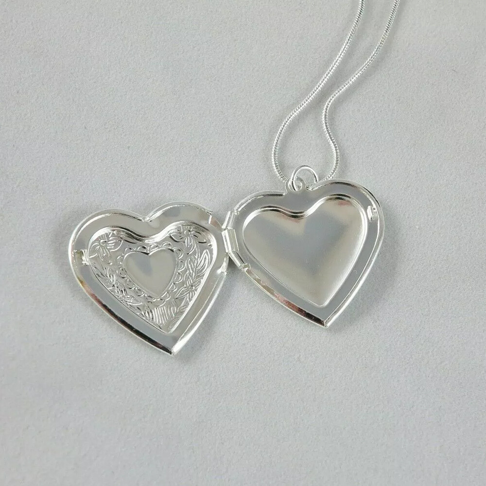 925 Sterling Silver Plated Heart Necklace, Locket Photo Picture Pendant 18″ N1