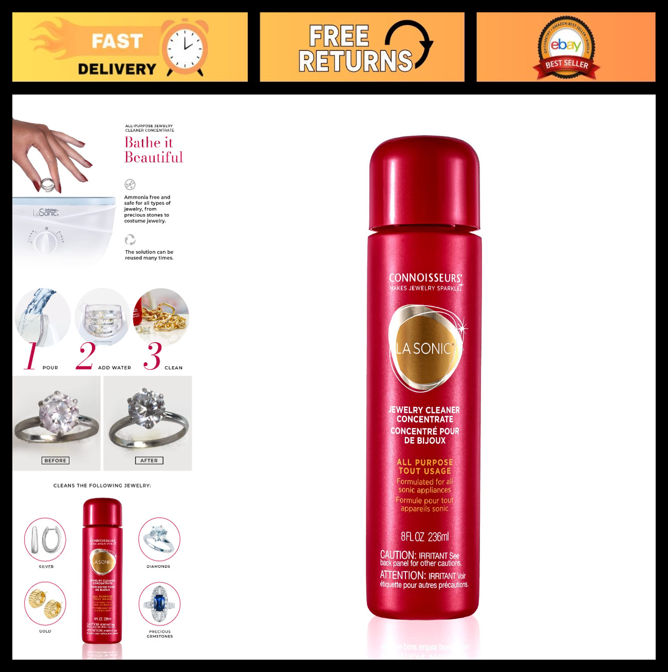 All-Purpose Jewelry Cleaner Concentrate – 8 fl oz for Sonic Cleaning Devices