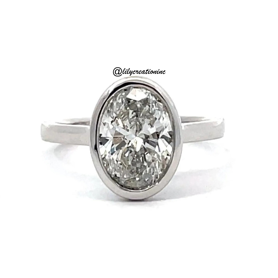 3Ct Oval IGI Certified Bezel Set Lab Grown Diamond Engagement Ring Platinum