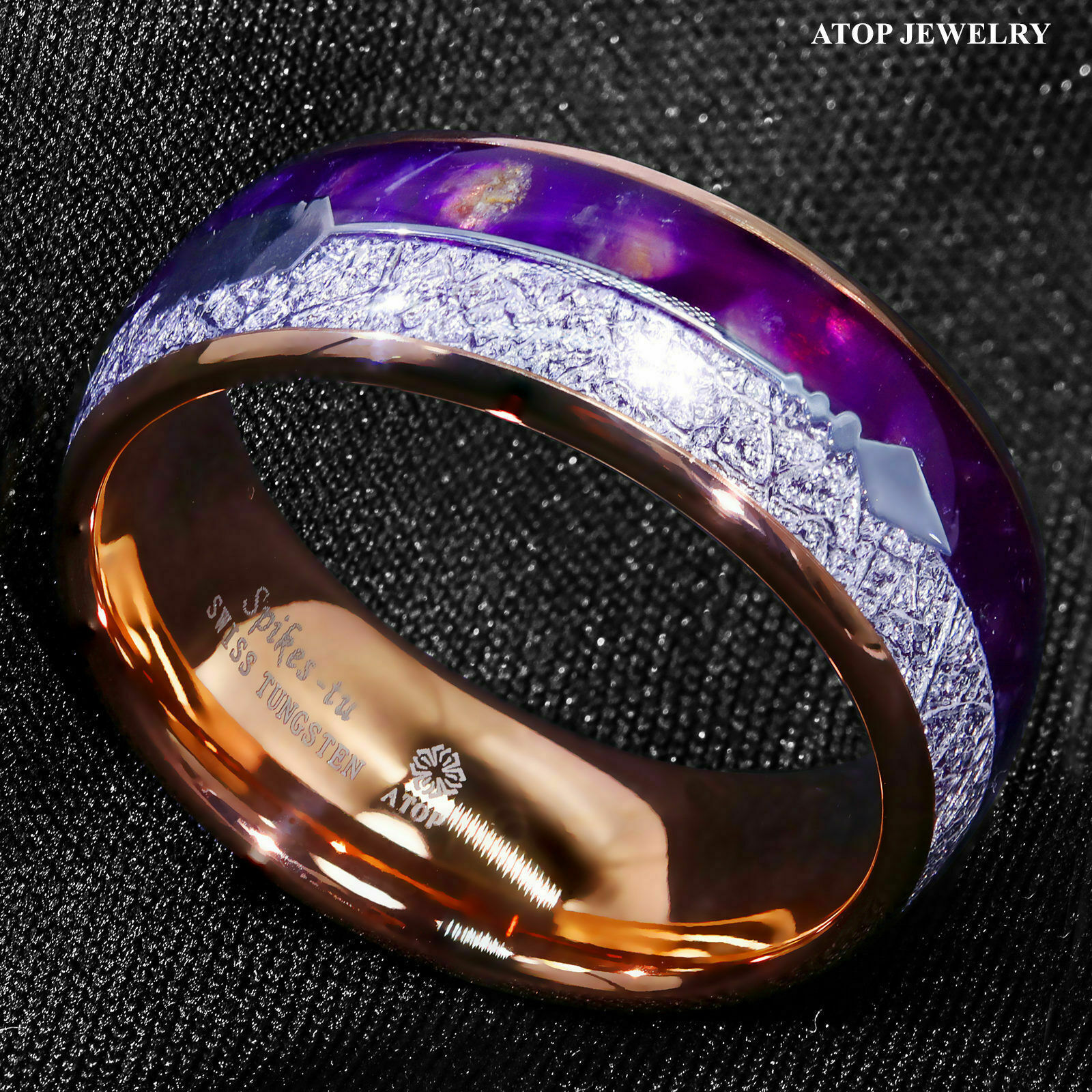 ATOP 8/6mm Purple Agate Meteorite Arrow Rose Gold Tungsten Ring Men