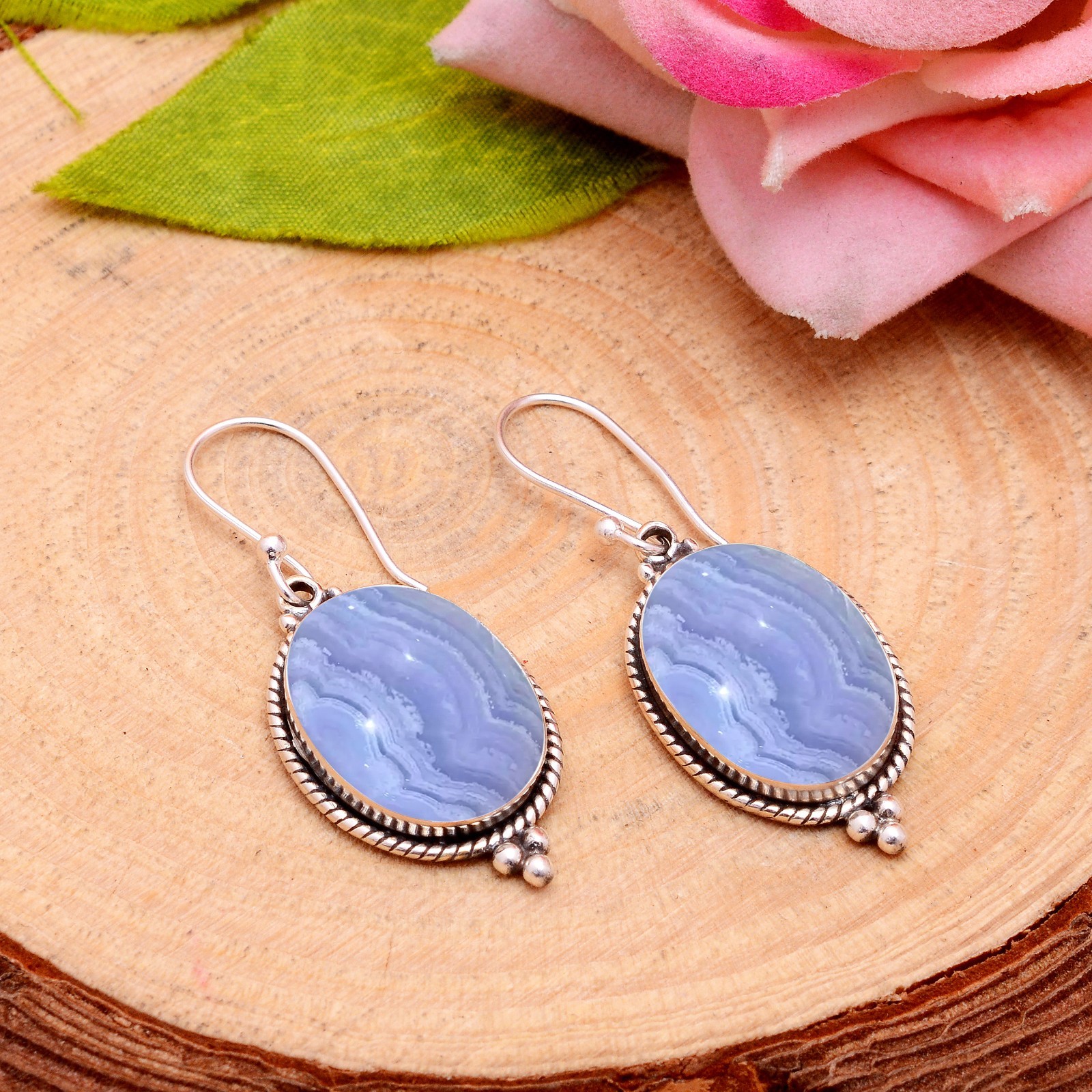 Blue Lace Agate 925 Sterling Silver Earrings Handmade Dangle Women Gift Jewelry