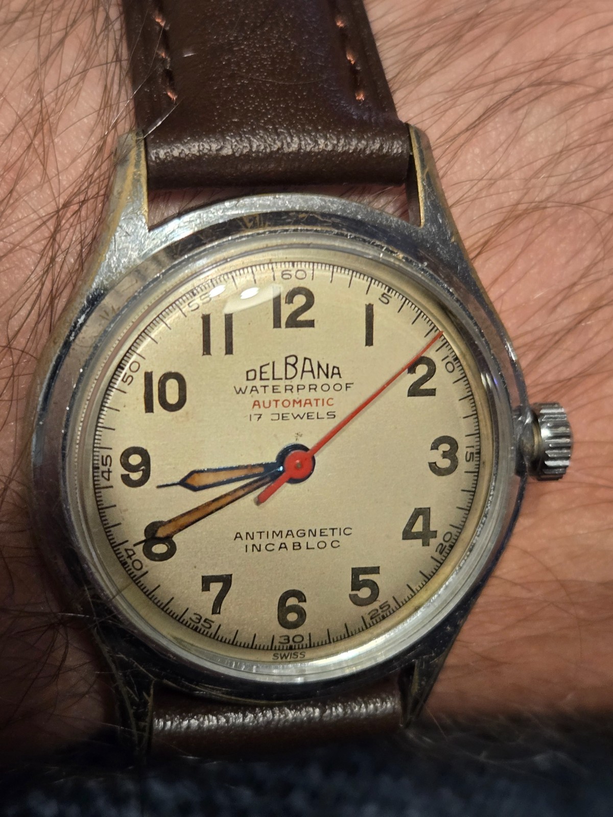 Vintage Delbana – SERVICED – Automatic 17J Bidynator Swiss Watch, New crystal