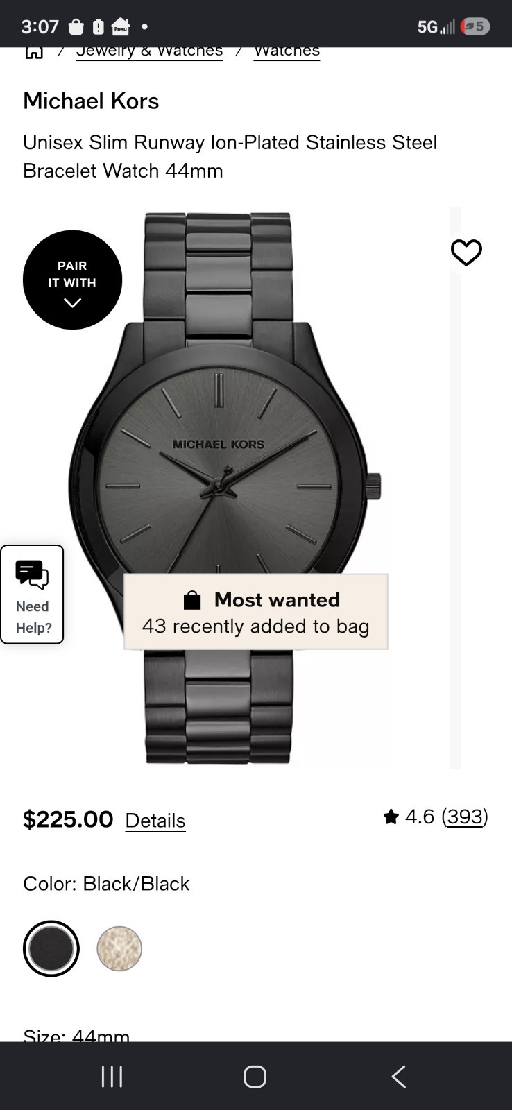 Michael Kors MK8507 Slim Runway 44mm Mens Watch – Black- No Box