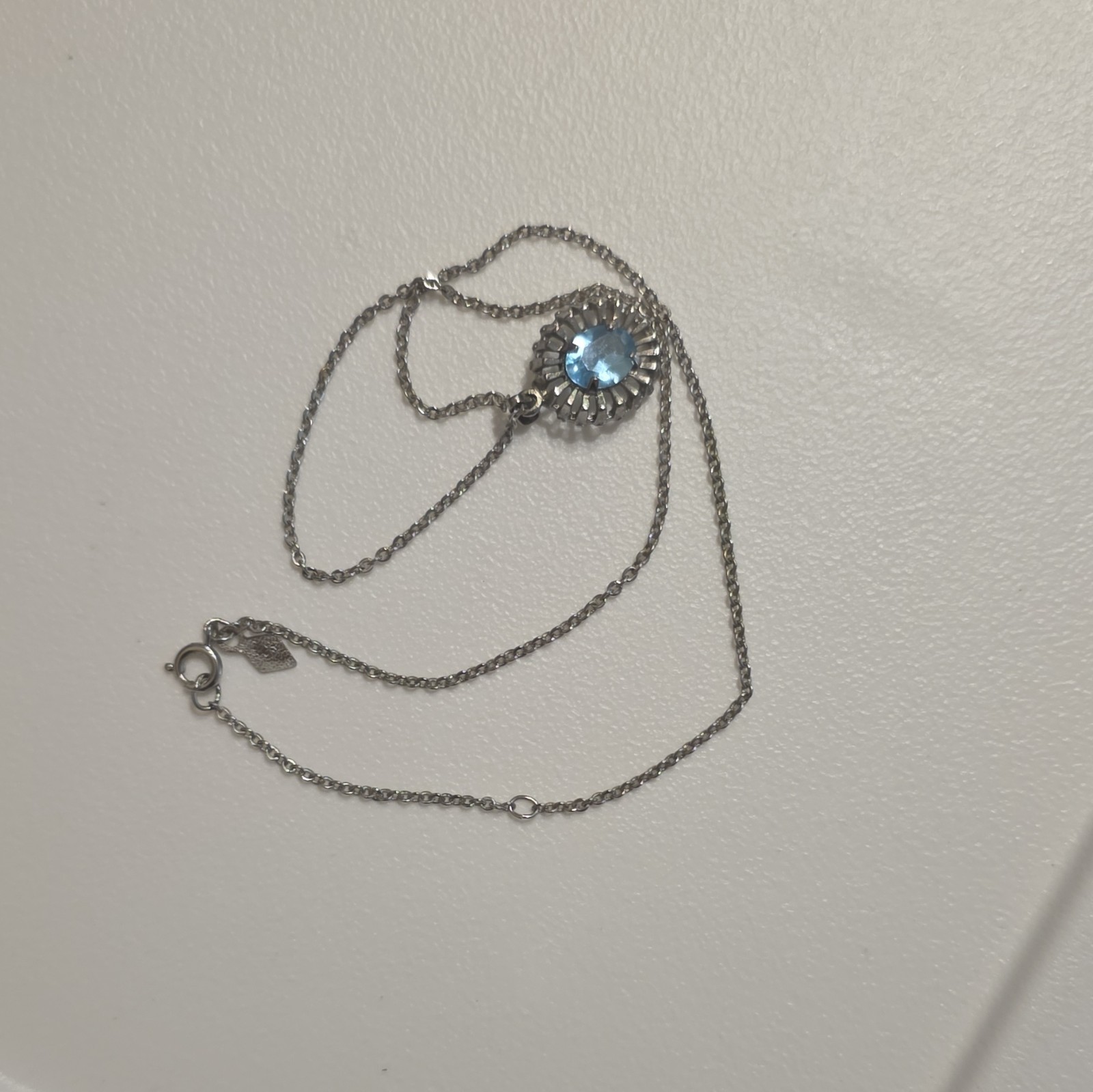 Silver Tone Oval Blue Stone Charm Pendant Necklace Cable Chain Lobster Clasp