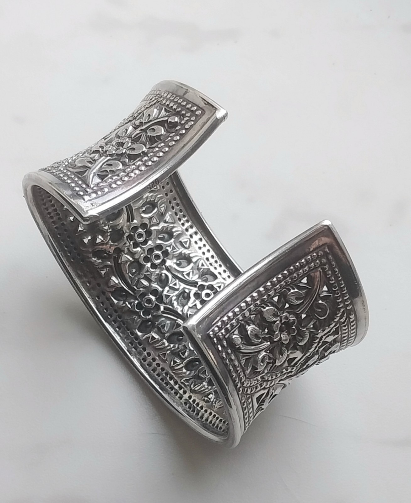 Vtg Armenian Artisan Hand Carved Silver Pierced Floral Cuff Bracelet Openwork XL