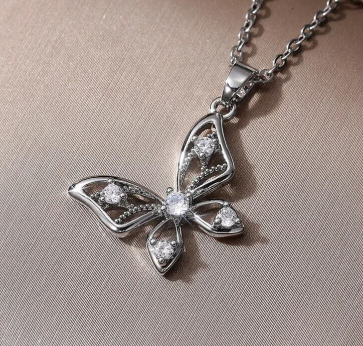 2 CT Simulated Diamond Valentine Gifts Necklace Silver Plated Butterfly Pendant