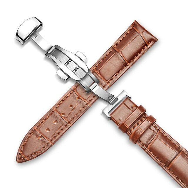 12-24MM Watch Band Strap Genuine Leather Deployment Clasp Buckle Black