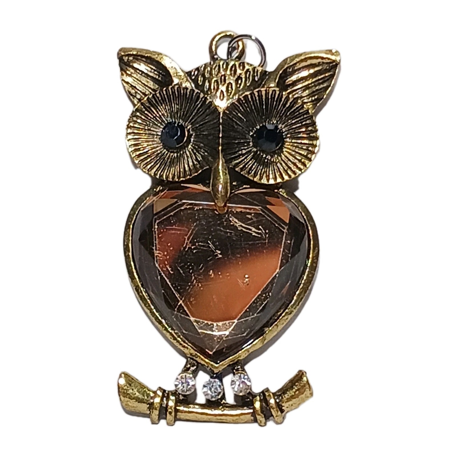 Owl Pendant Large Eyed Heart Shape Foil Back Glass Rhinestone Belly VTG Jewelry