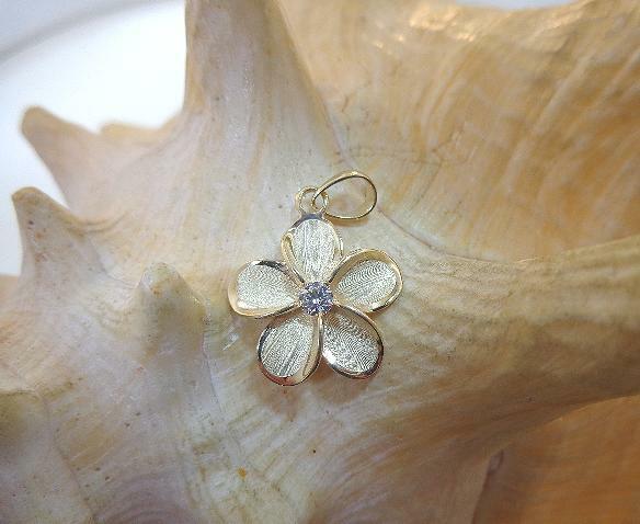15.5MM SOLID 14K YELLOW GOLD BRUSHED SATIN HAWAIIAN PLUMERIA FLOWER CZ PENDANT