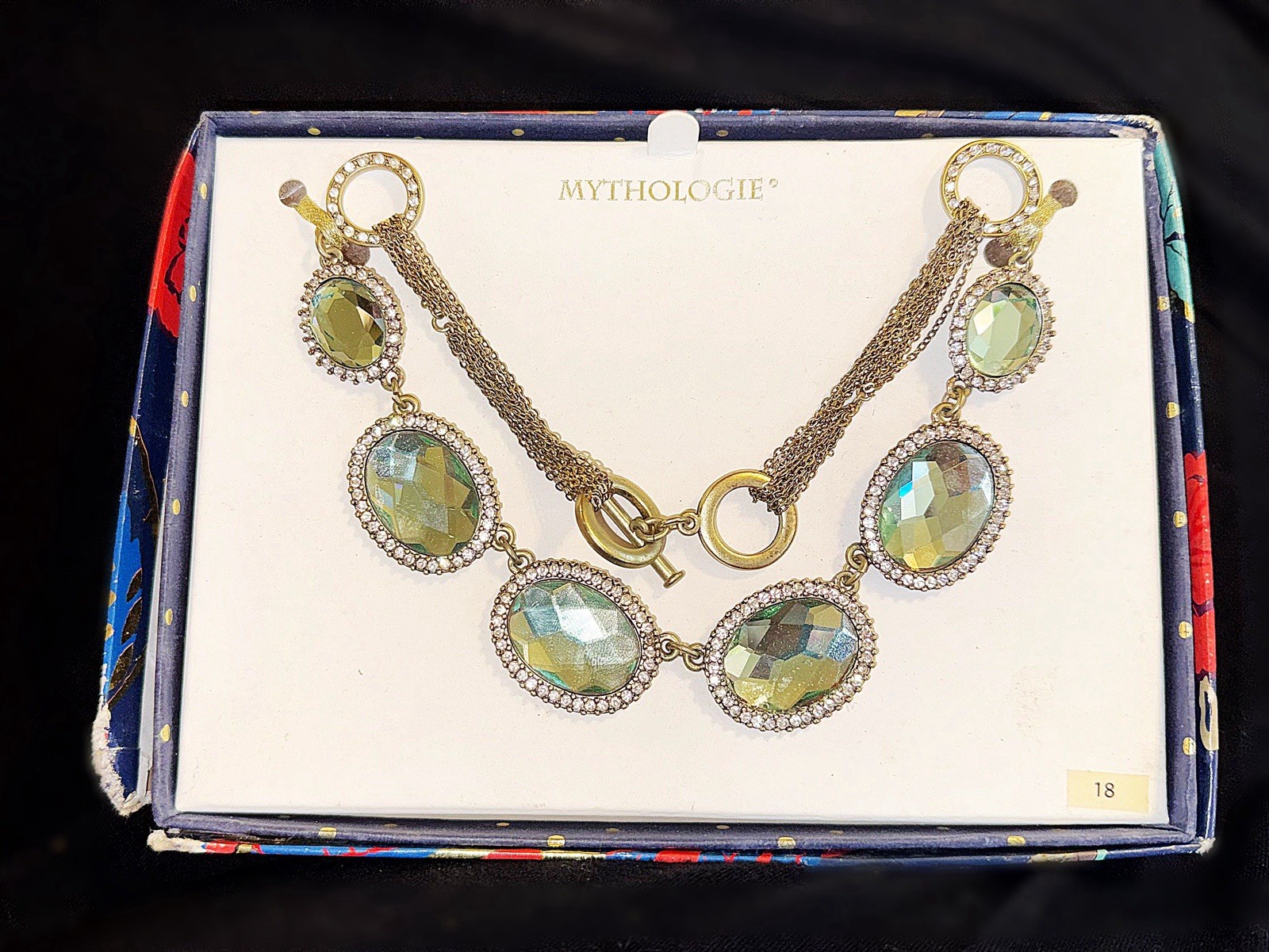 VTG Mythologie Green Faceted Crystal Statement Necklace Rhinestone Halo $98 NIB
