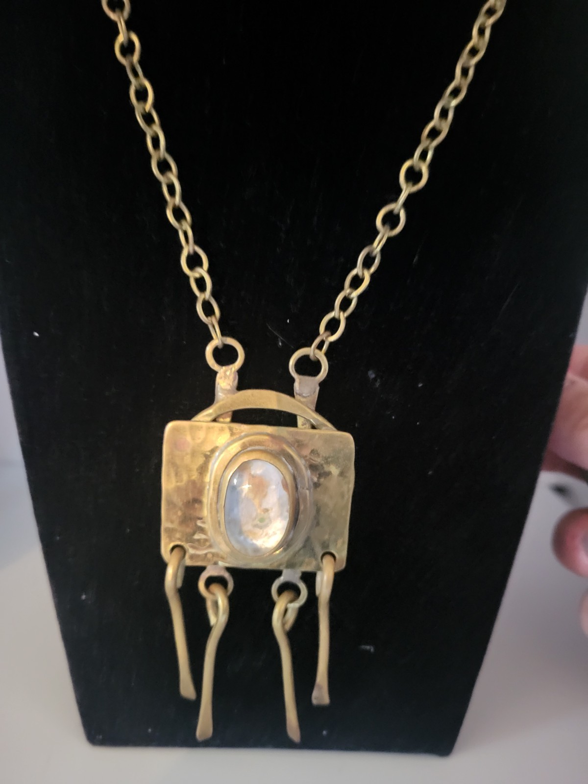 Rafael Canada Signed Gold Tone Clear Glass Brutalist Statement Pendant Necklace
