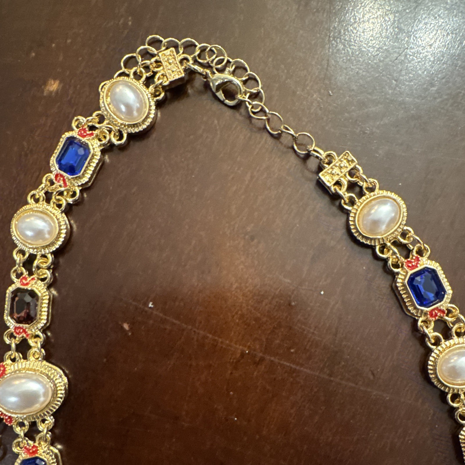Gold Tone Statement Multi-Strand Necklace Simulated Pearls Crystal Teardrop