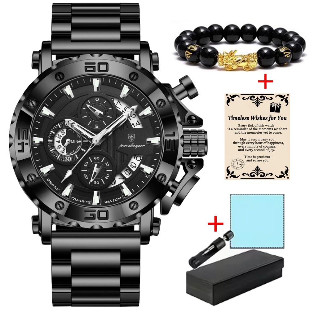 POEDAGAR Luxury Men’s Calendar Luminous Waterproof Stainless Steel Quartz Watch
