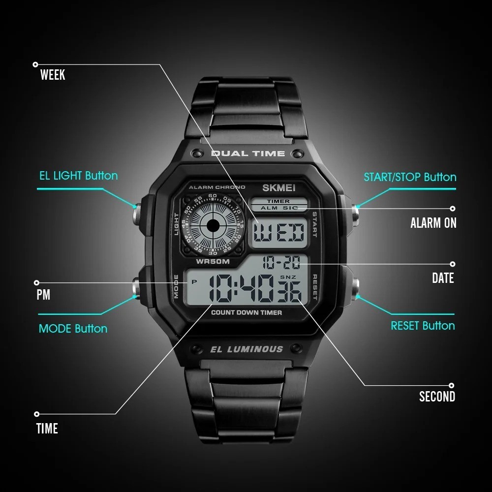 SKMEI Fashion Sport Watch Men Steel LED Digital Wristwatch Male Alarm Watches