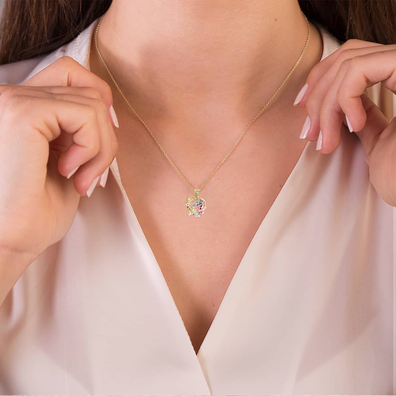 Two Tone Love Birds Heart Pendant Necklace (Available in Yellow/Rose/White Gold)