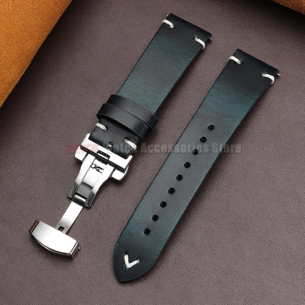 Genuine Leather Butterfly Buckle Watch Bands 18/20/22mm Waterproof Retro Oil Wax