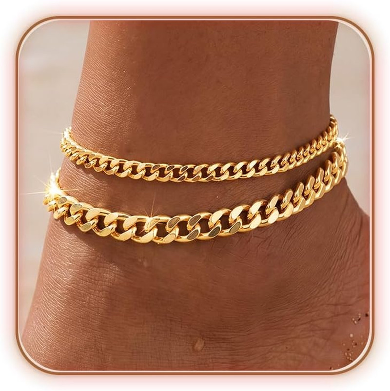 Layered Ankle Bracelets for Women Waterproof, 14K Gold/Silver Plated Cuban Chain