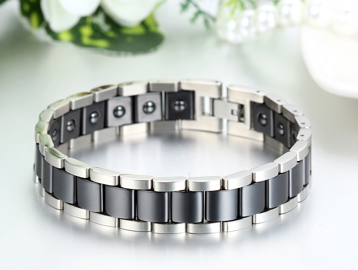 Men’s Wide Ceramic Link Stainless Steel Health Power Therapy Magnetic Bracelet